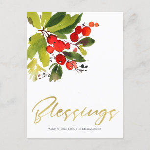 GREEN RED BERRIES WATERCOLOR CHRISTMAS BLESSINGS HOLIDAY POSTCARD