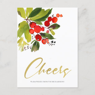 GREEN RED BERRIES WATERCOLOR CHRISTMAS CHEERS HOLIDAY POSTCARD