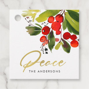 GREEN RED BERRIES WATERCOLOR CHRISTMAS PEACE FAVOUR TAGS