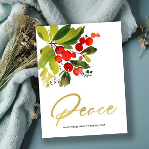 GREEN RED BERRIES WATERCOLOR CHRISTMAS PEACE HOLIDAY POSTCARD