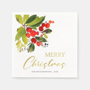 GREEN RED BERRIES WATERCOLOR MERRY CHRISTMAS NAPKIN
