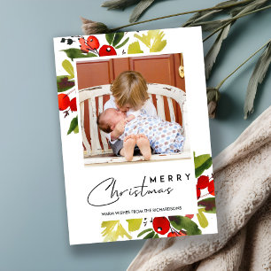 GREEN RED BERRIES WATERCOLOR MERRY CHRISTMAS PHOTO HOLIDAY CARD
