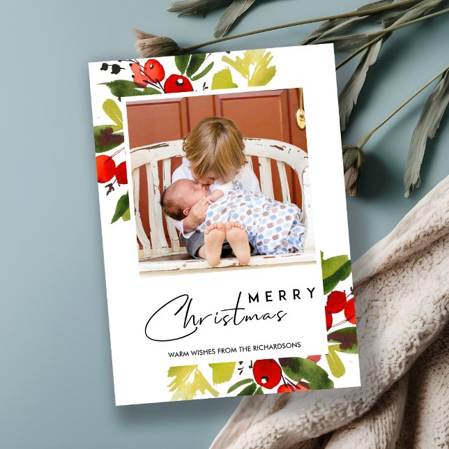 GREEN RED BERRIES WATERCOLOR MERRY CHRISTMAS PHOTO HOLIDAY CARD (Creator Uploaded)