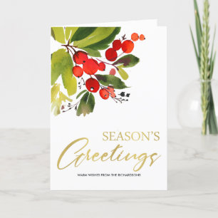 GREEN RED BERRIES WATERCOLOR SEASON GREETINGS CARD