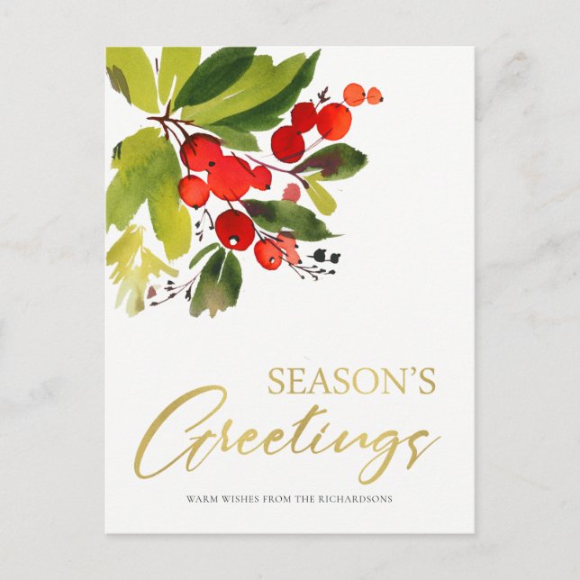 GREEN RED BERRIES WATERCOLOR SEASON GREETINGS HOLIDAY POSTCARD (Front)