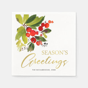 GREEN RED BERRIES WATERCOLOR SEASON GREETINGS NAPKIN