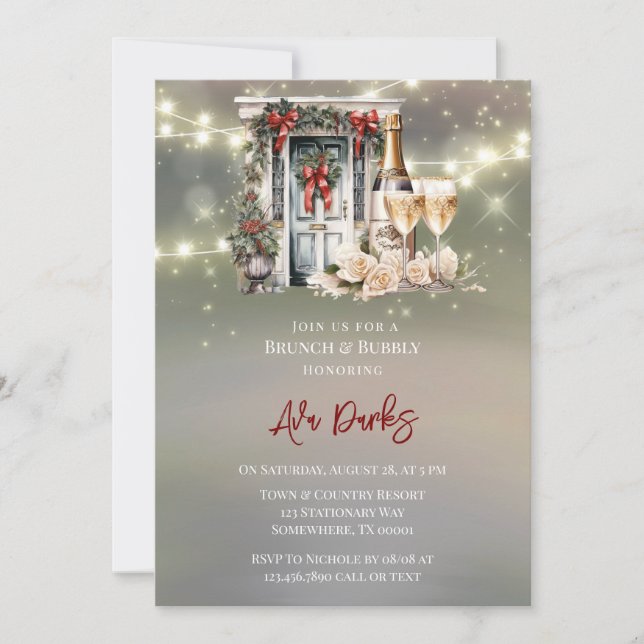Green Red Berry Decor Door Light Brunch & Bubbly Invitation (Front)