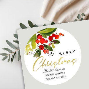 GREEN RED BERRY WATERCOLOR MERRY CHRISTMAS ADDRESS CLASSIC ROUND STICKER