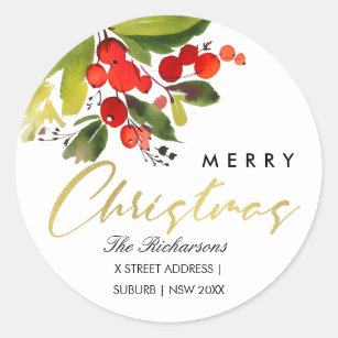 GREEN RED BERRY WATERCOLOR MERRY CHRISTMAS ADDRESS CLASSIC ROUND STICKER