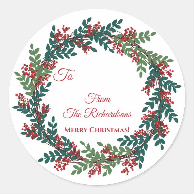 Green Red Berry Wreath Name Christmas Gift Classic Round Sticker (Front)