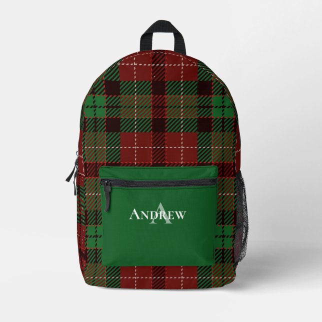 Green, Red, Black Personalised Plaid Printed Backpack (Front)