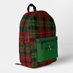 Green, Red, Black Personalised Plaid Printed Backpack