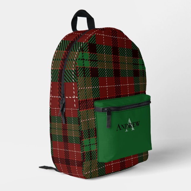 Green, Red, Black Personalised Plaid Printed Backpack (Back Corner Left)
