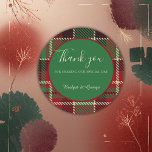 green red black scottish celtic tartan wedding classic round sticker<br><div class="desc">This wedding thank you sticker comes in different sizes, shapes and papers. It is customisable with your Intros, names and or monograms. It shows a harmonious blend of a green red black scottish pattern and it has fitting light green tones and white typography. The minimal round green overlay with a...</div>