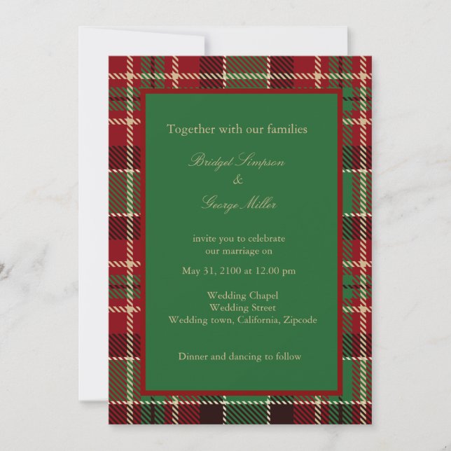 green red black scottish celtic tartan wedding invitation (Front)