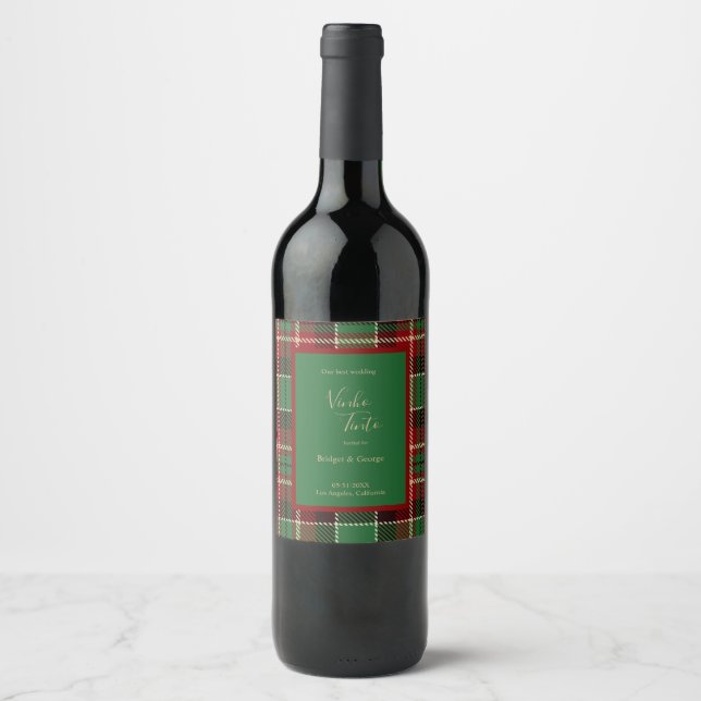 green red black scottish celtic tartan wedding wine label (Front)