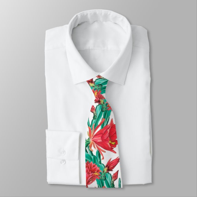 Green Red Blooming Cactus Pattern  Tie (Tied)