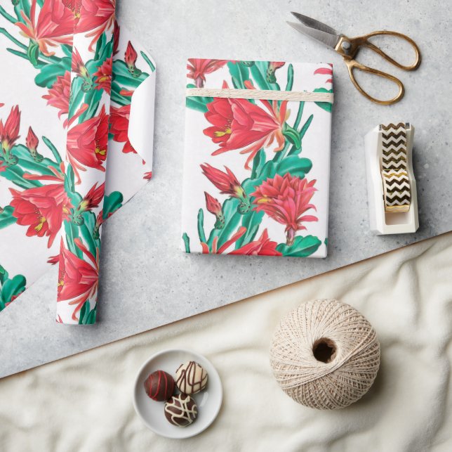 Green Red Blooming Cactus Pattern Wrapping Paper (Crafts)