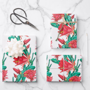 Green Red Blooming Cactus Pattern Wrapping Paper Sheet