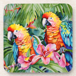 Green, Red, Blue Parrots and Tropical Flowers Coaster