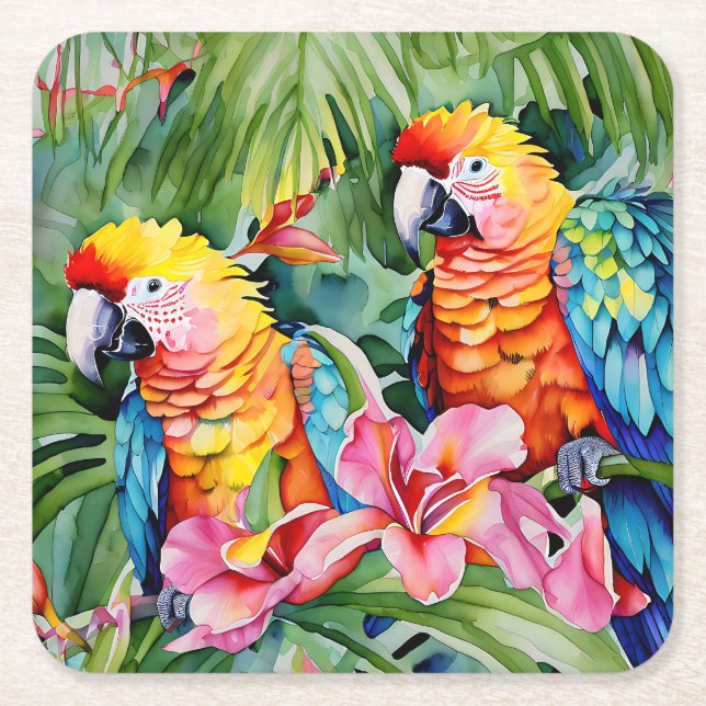 Green, Red, Blue Parrots and Tropical Flowers Square Paper Coaster (Front)