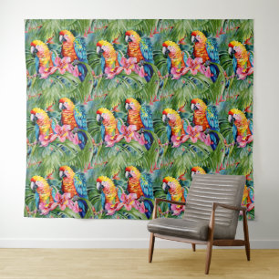 Green, Red, Blue Parrots and Tropical Flowers Tapestry
