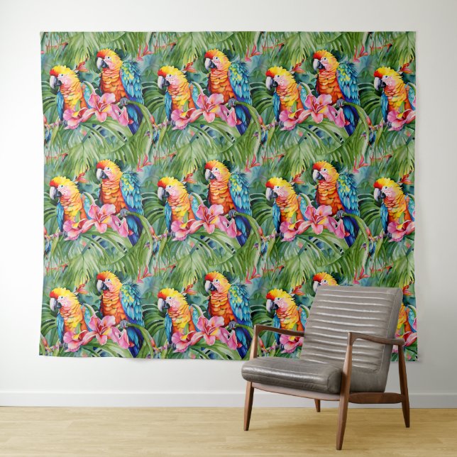 Green, Red, Blue Parrots and Tropical Flowers Tapestry (In Situ (Horizontal))