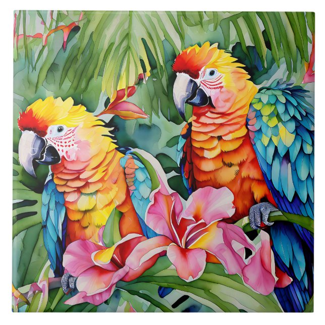 Green, Red, Blue Parrots and Tropical Flowers Tile (Front)