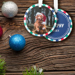 Green Red Blue Starburst Stripes Dog Christmas Ornament<br><div class="desc">Pet ornament for Christmas with your dog's photo inside a starburst stripe frame in white,  blue,  and different shades of green. Add name and the year to the back beneath a paw print.</div>