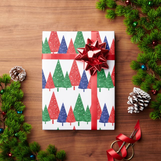 Green, Red & Blue Watercolor Trees  Wrapping Paper (Holiday Gift)