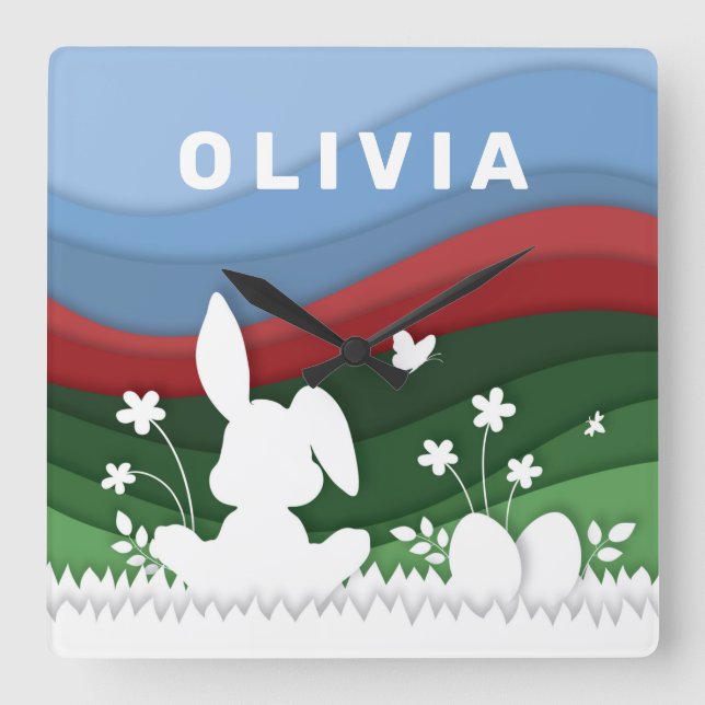 Green red blue waves easter bunny and eggs square wall clock (Front)