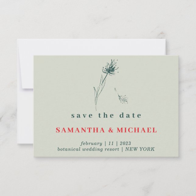 Green Red Boho Indie Dandelion Flower Save date Invitation (Front)