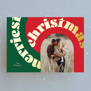 green red bold christmas gold oval one photo foil holiday card
