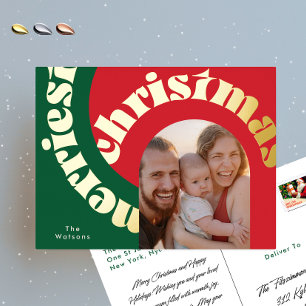 green red bold christmas gold oval one photo foil holiday postcard