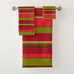 Green Red Brown Tan Stripes Pattern Bath Towels