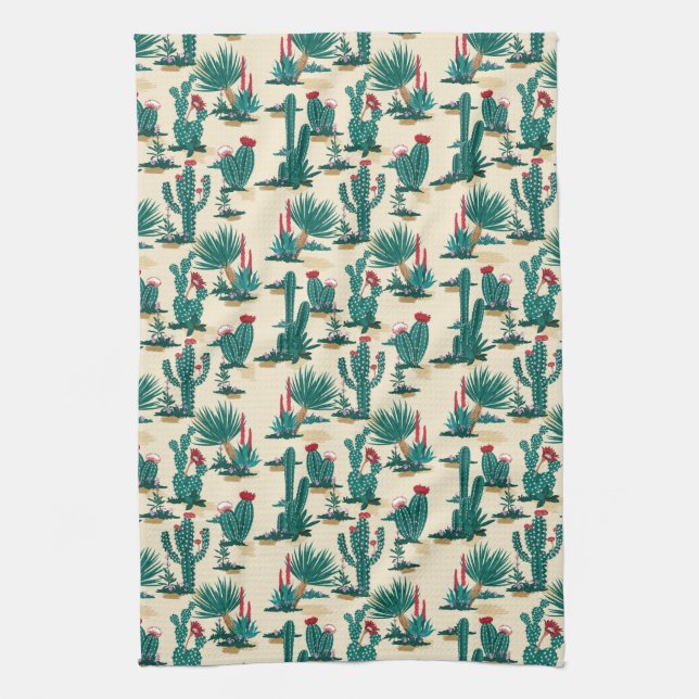 Green & Red Cactus Pattern Tea Towel (Vertical)