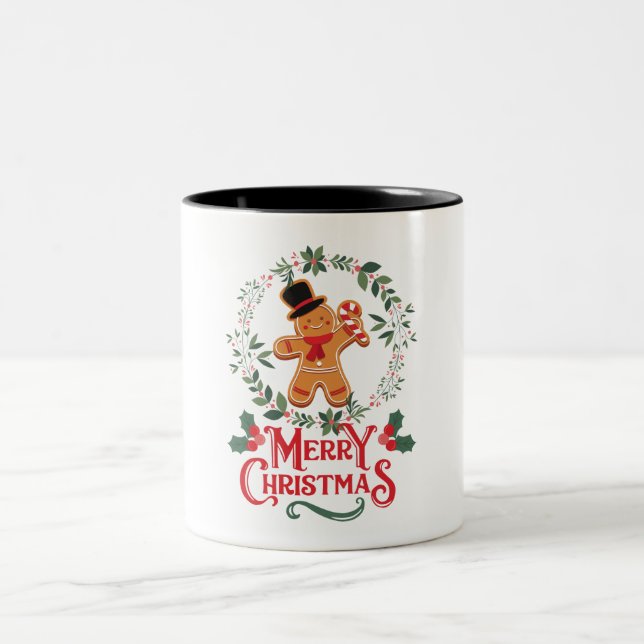 Green Red Cartoon Cute Gingerbread Character  Two-Tone Coffee Mug (Center)