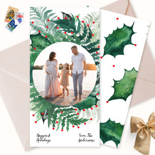 Green Red Christmas Botanical Wreath Photo long Holiday Card