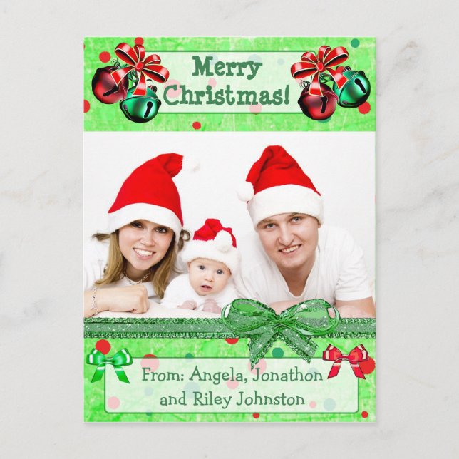 Green &  Red Christmas Family Photo Postcard (Front)