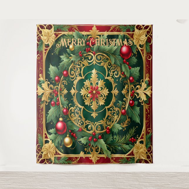 Green Red Christmas Holiday Backdrop Tapestry (Front)