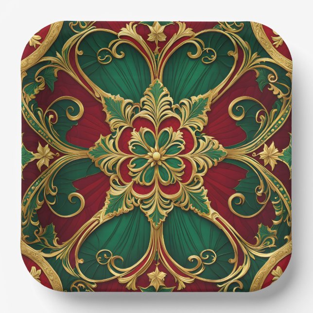 Green Red Christmas Holiday Paper Plate (Front)