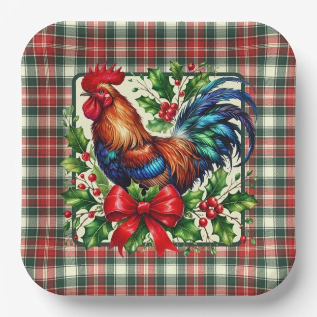 Green Red Christmas Rooster  Paper Plate (Front)