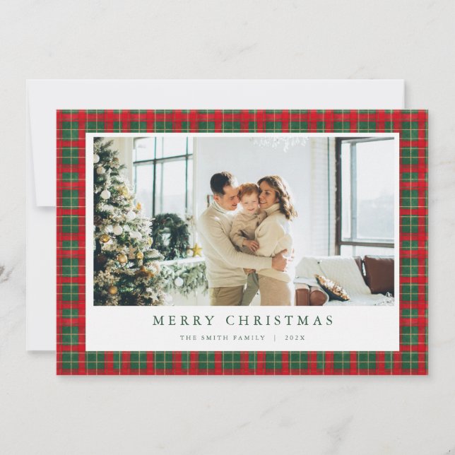 Green Red Christmas Tartan Photo Holiday Card  (Front)