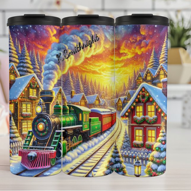 Green Red Christmas Train Village Sunset Thermal Tumbler (Creator Uploaded)