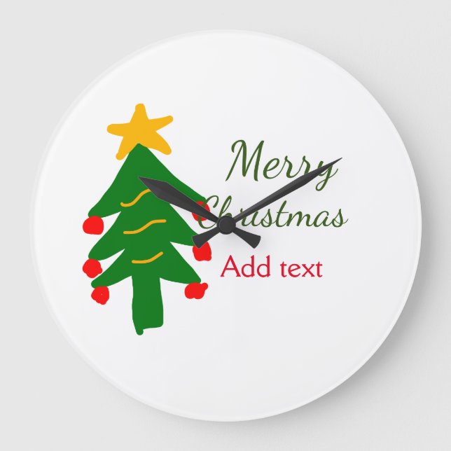 Green red christmas tree merry Christmas add name  Large Clock (Front)
