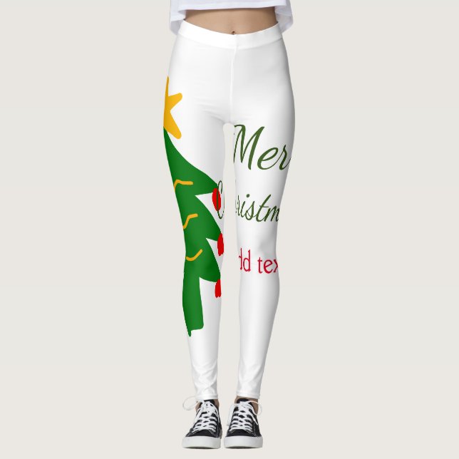 Green red christmas tree merry Christmas add name  Leggings (Front)