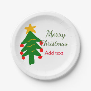 Green red christmas tree merry Christmas add name Paper Plate