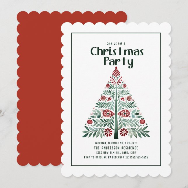 Green Red Christmas Tree Scalloped Party Invitation (Front/Back)