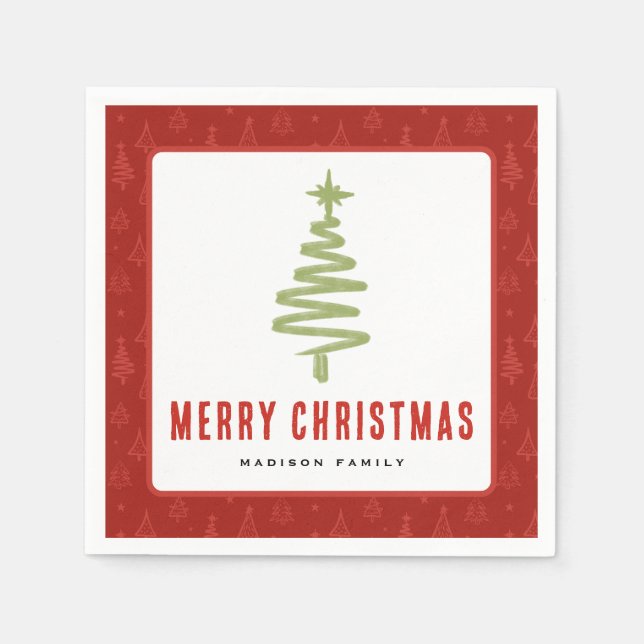 Green & Red Christmas Tree Winter Family Holiday Napkin (Front)