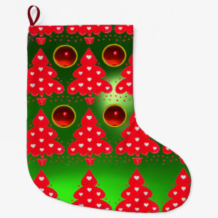 GREEN RED CHRISTMAS TREE WITH HEARTS LARGE CHRISTMAS STOCKING